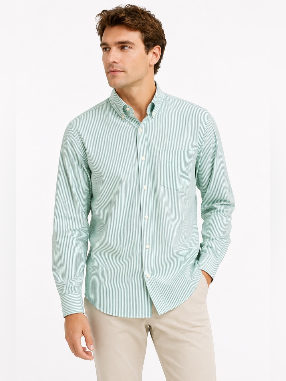 Brooks Brothers REGENT FIT Green and White Striped Button-Down Shirt